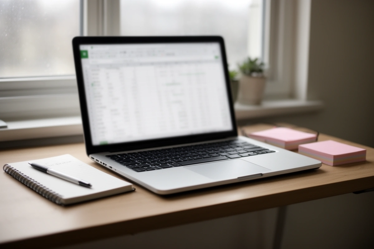Laptop z otwartym arkuszem kalkulacyjnym na biurku obok notesu