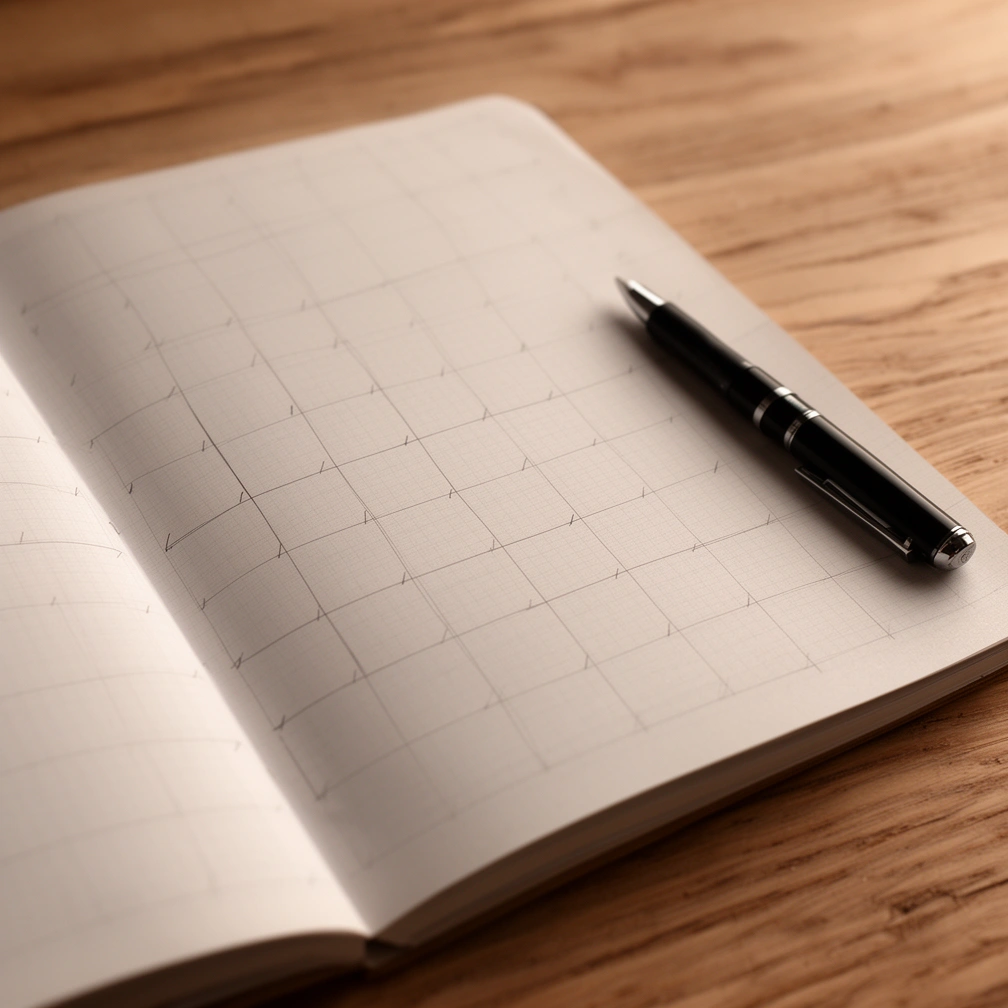 Otwarty notes z kratką narysowaną ołówkiem, obok długopis